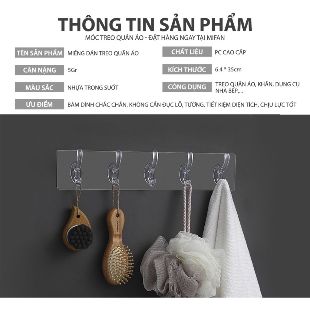 Móc Treo Quần Áo Dán Tường 6 Chấu - Treo Khăn Lau, Đồ Dùng Nhà Bếp, Phòng Tắm Đa Năng MIFAN 2021 - Chịu Lực 15kg