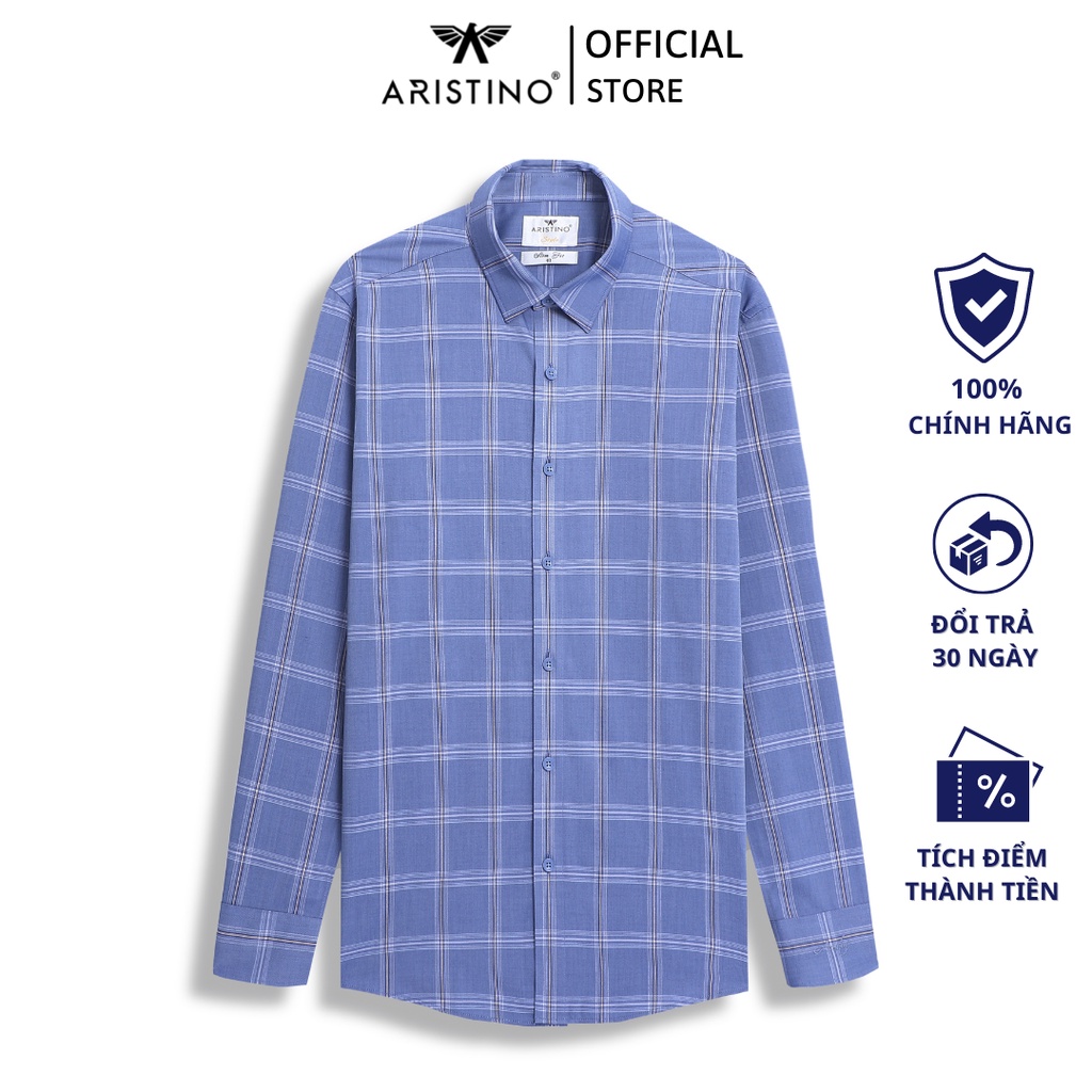 Áo sơ mi dài tay nam Aristino phom slim fit, thiết kế tà lượn, màu xanh kẻ dệt nổi bật - ALS43102