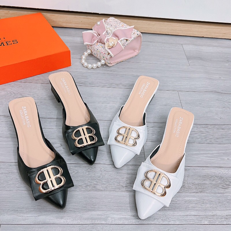 Dép sục cao gót mũi nhọn da lì tag BB gót vuông 4cm