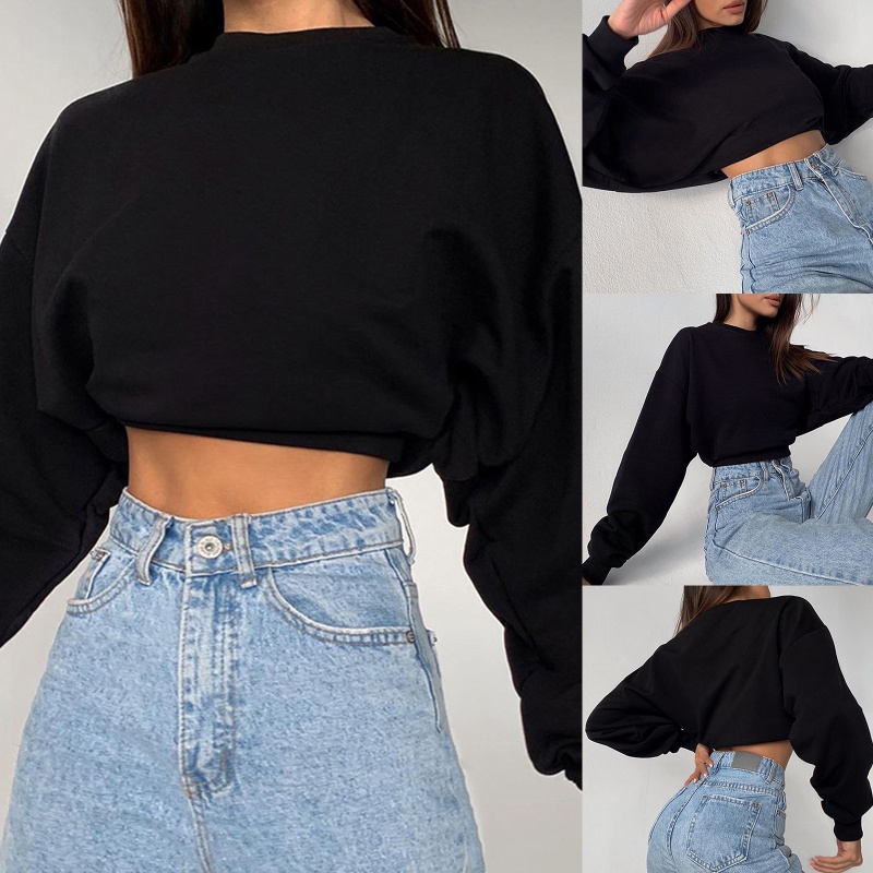Áo Croptop Tay Dài Cổ Tròn Màu Sắc Tươi Sáng Phong Cách Harajuku Cho Nữ