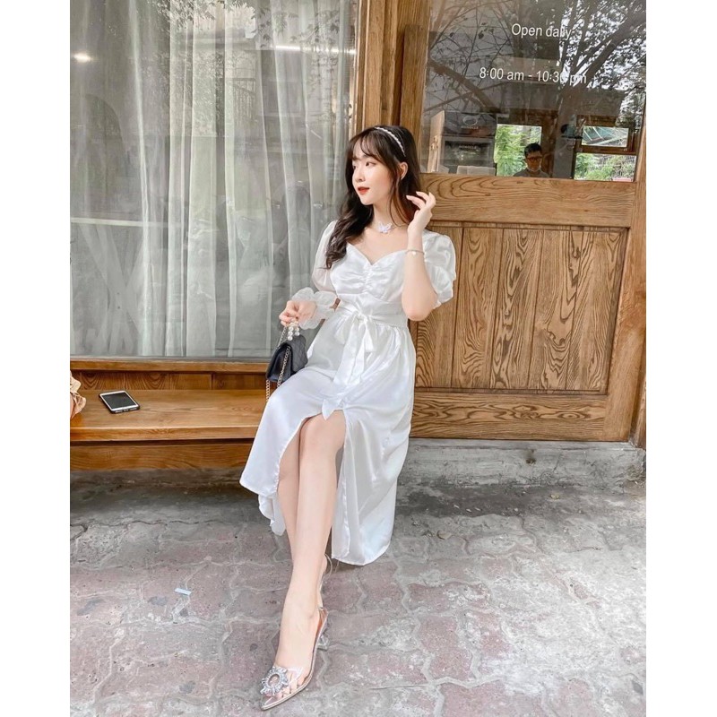 Đầm trắng phi xẻ tà thắt eo