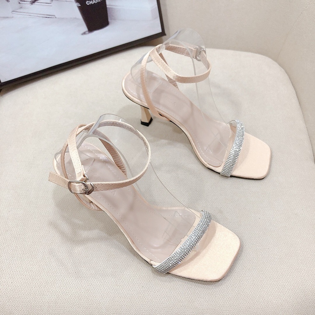 Sandal cao gót 7p chất lụa xinh sang phối quai ngang đính đá cao cấp đẹp mê - Chị Chảnh Store