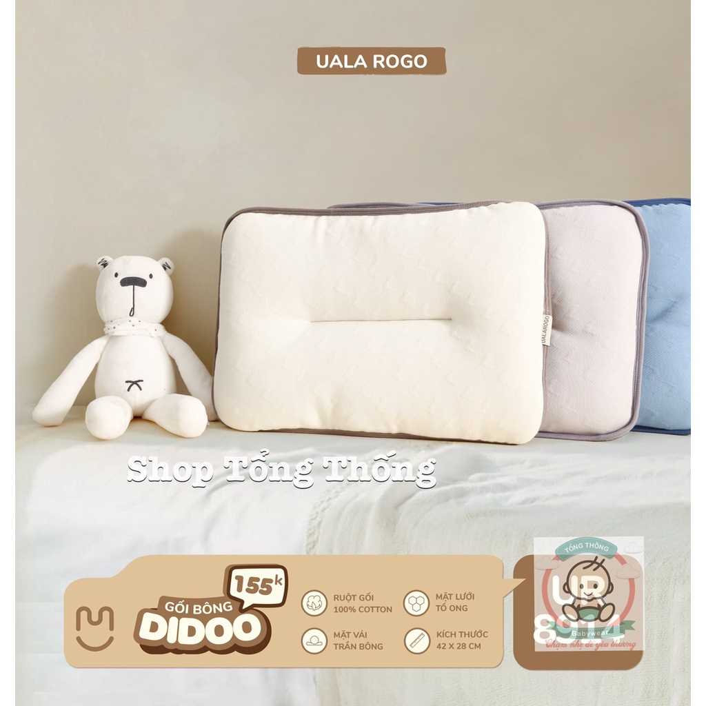 Gối bông Uala Rogo DIDOO ruột cotton vải trần bông mặt lưới tổ ông thoáng khí kháng khuẩn cho bé sơ sinh 42x28cm 8914