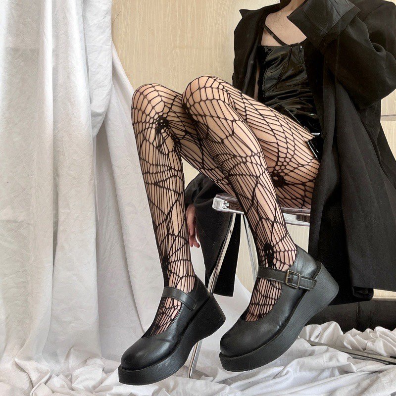 Quần tất lưới rách tạo hình mạng nhện đầu lâu  phong cách cá tính Gothic Lolita Nhật Bản