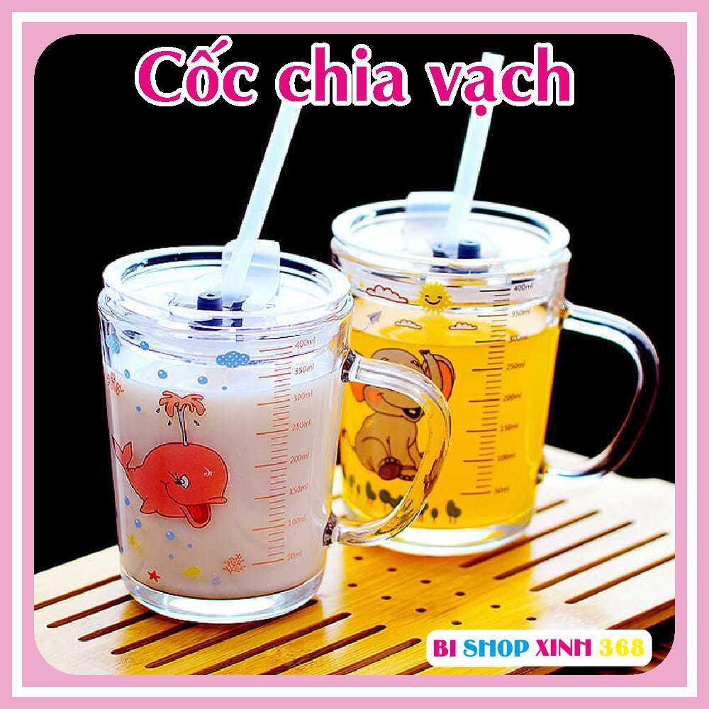 CỐC PHA SỮA THUỶ TINH CÓ VẠCH CHIA ML KÈM ỐNG HÚT