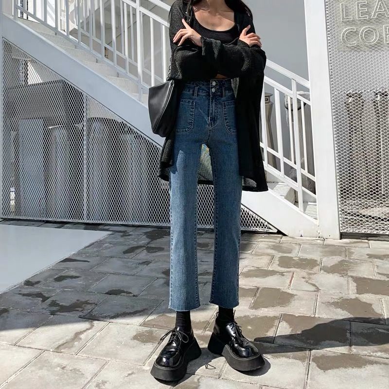 Quần jean ống suông rộng lưng cao thời trang xuân hè