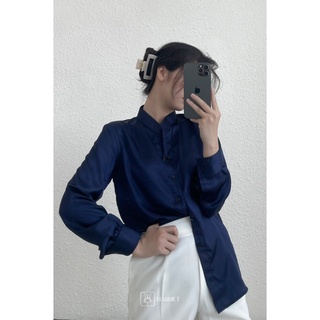 Áo sơ mi nữ cổ tàu xanh than đen phi bóng basic Ocean Harriet