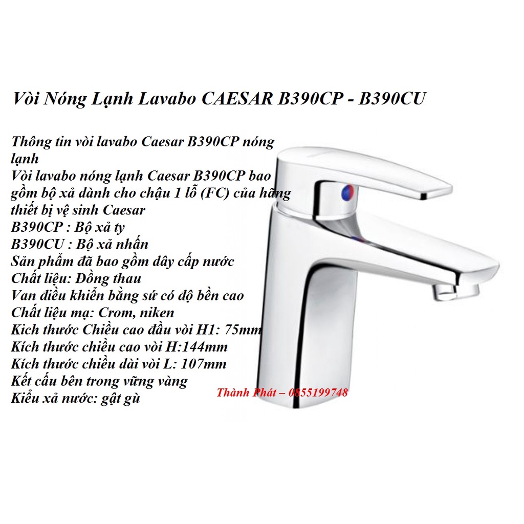 [CHÍNH HÃNG] Vòi Nóng Lạnh Lavabo CAESAR B390CP - B390CU, vòi rửa mặt đồng mạ chrome