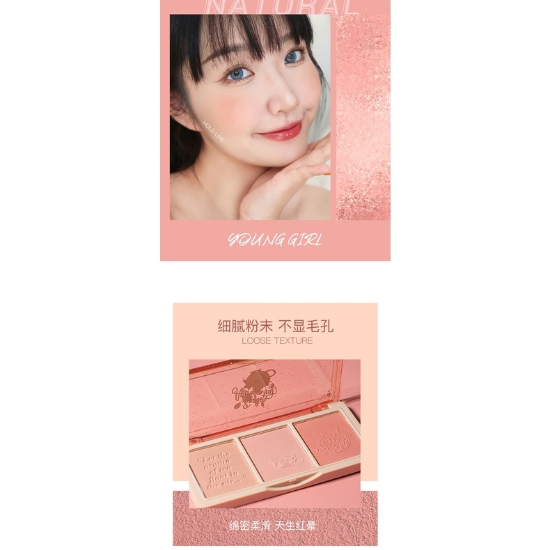 Phấn má hồng Hold Live 3 ô Secret Garden Blush HL461 Chất phấn siêu mềm, rất mịn, độ bám tốt lên màu chuẩn
