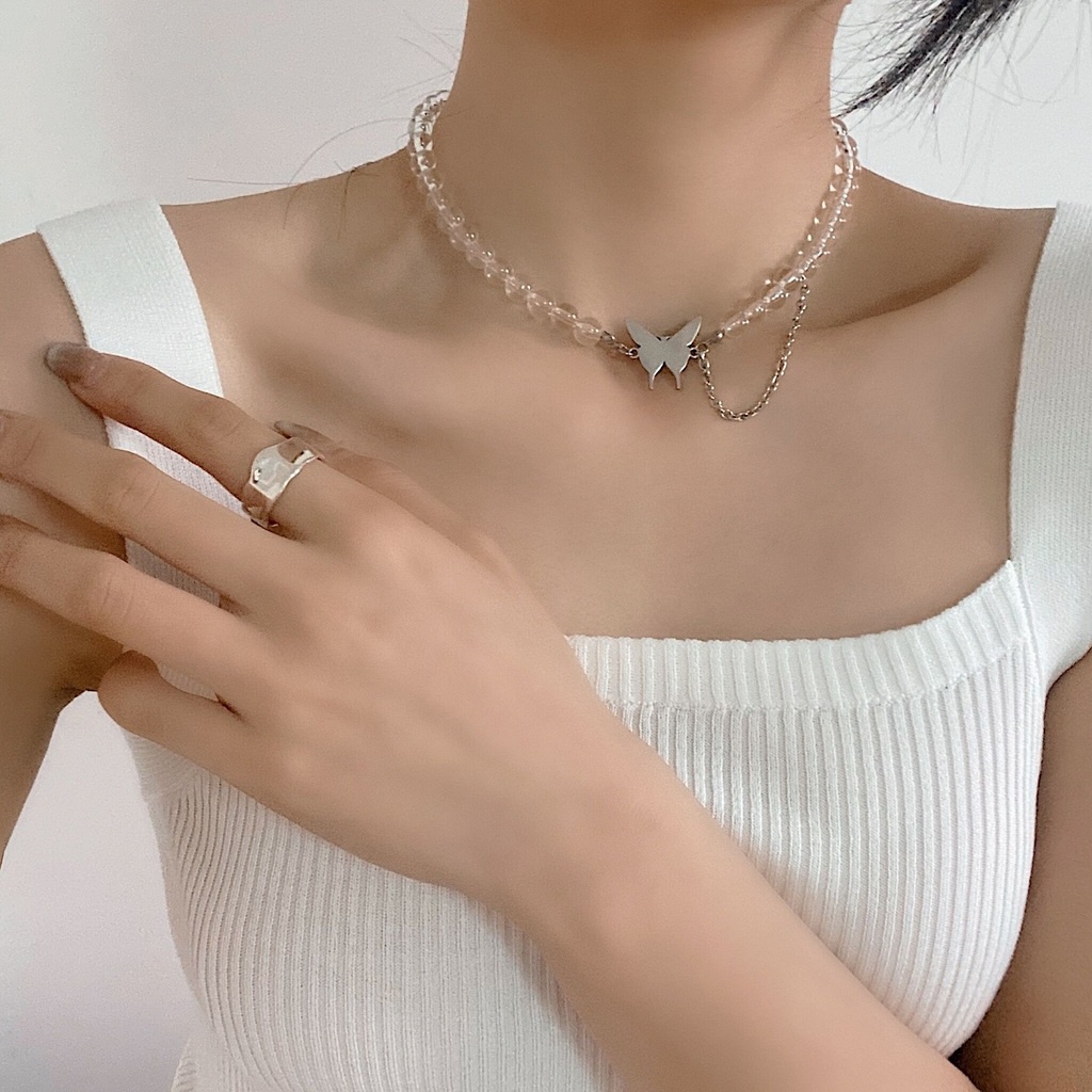 Vòng cổ Chuỗi Hạt Tròn Trong Suốt Mặt Hình Bướm Thời Trang Cho Nữ