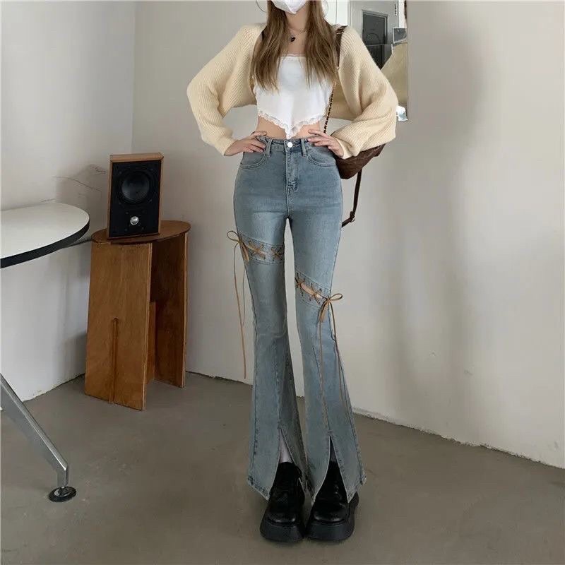 Quần jeans ống loe xẻ tà lưng cao phối dây thắt phong cách retro