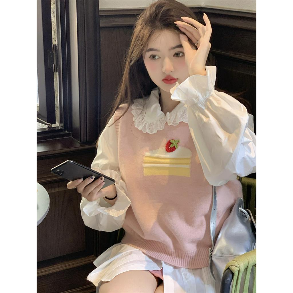 68234 Áo vest / Áo Sơ Mi Trắng Ren Bánh Ngọt Ngào Dễ Thương