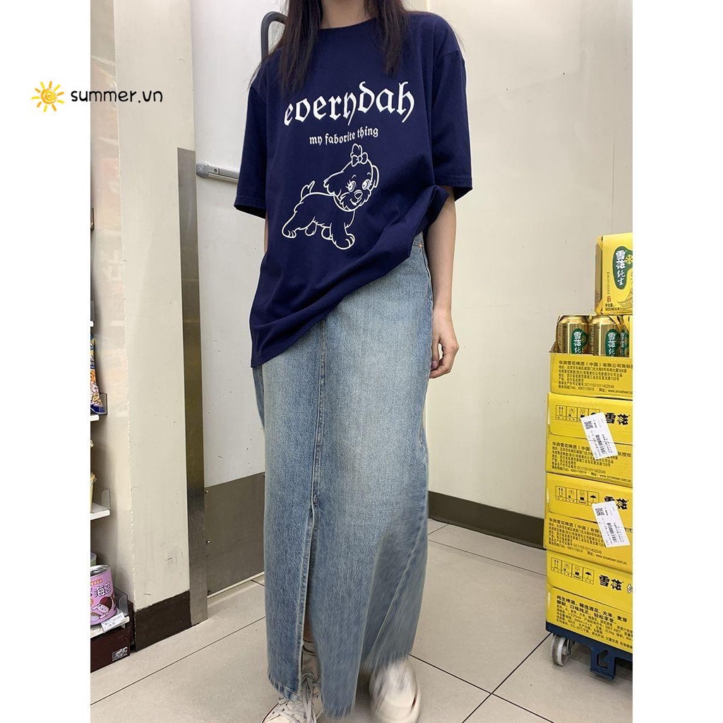 Xinbang Help 2022 Chân Váy Denim Xẻ Tà Lưng Cao Dài Qua Gối Xẻ Tà Phong Cách Hàn Quốc Retro Kiểu Hàn Quốc