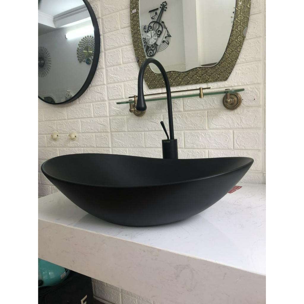 Chậu rửa mặt lavabo LA44 lavabo thuyền đen men nano chống ố màu nano đen nung từ khi sản xuất lavabo, kích thước 60x36cm