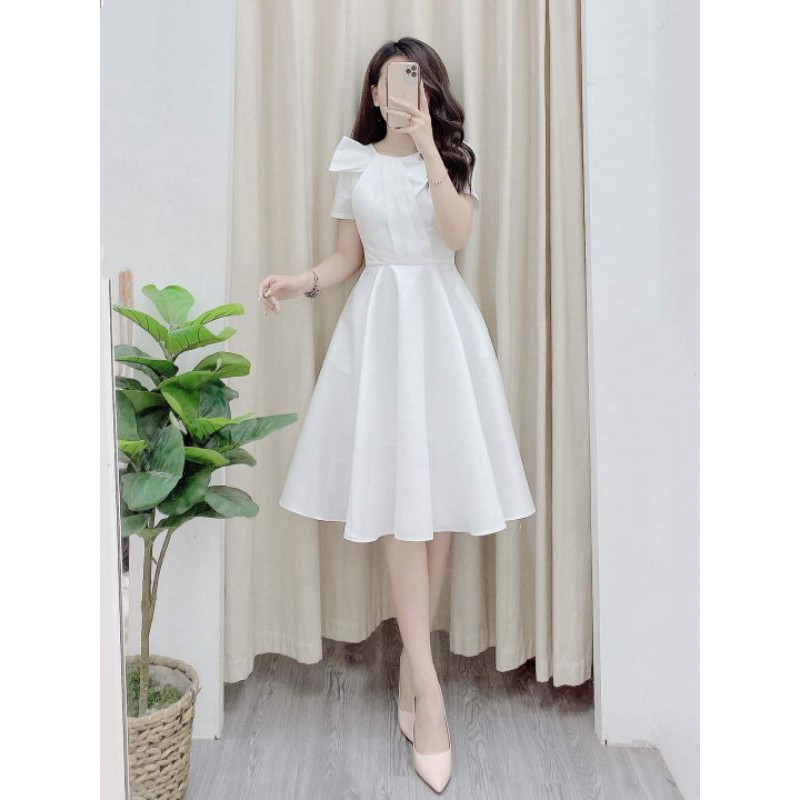 Đầm dự tiệc xòe nơ cổ sang trọng quý phái | BigBuy360 - bigbuy360.vn