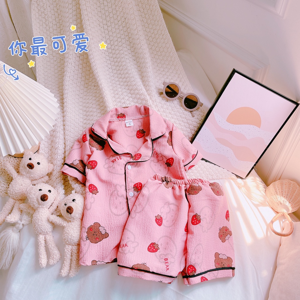 Bộ quần áo bé gái- Bộ Pijama bé gái chất đũi xốp hàn mát lịm 4 màu kute 8-20kg