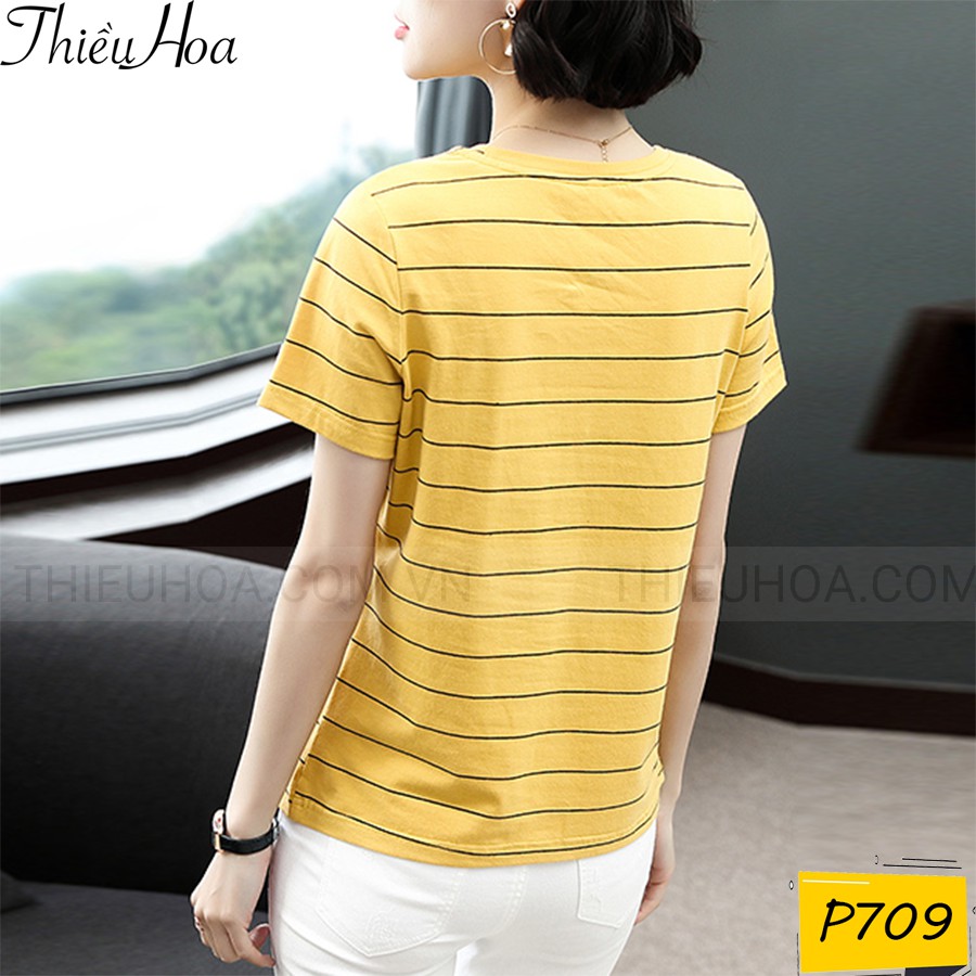 Áo Thun Kẻ Sọc Tay Ngắn Đơn Giản Cho Phụ Nữ Trung Niên P709