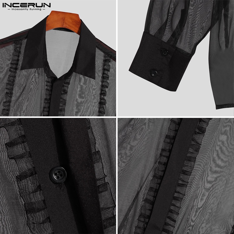 INCERUN Áo Sơ Mi Tay Dài Dáng Rộng Xuyên Thấu Phối Bèo Màu Đen Thời Trang Cho Nam