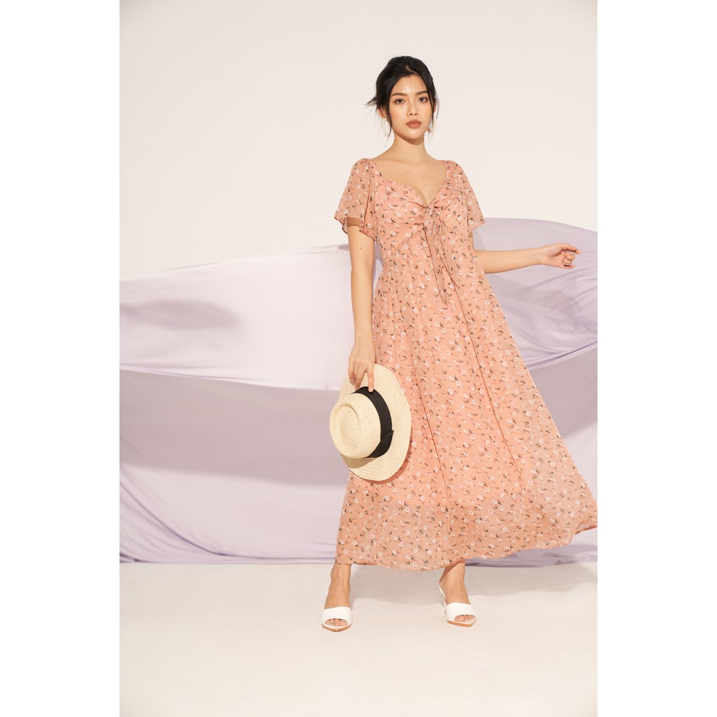 [ 26Studio ] Đầm dài vải voan họa tiết hoa cột nơ Angelia Dress | BigBuy360 - bigbuy360.vn