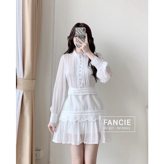 Váy trắng midi ren phối nút bọc dáng xòe phong cách vintage váy trắng hở lưng - lien