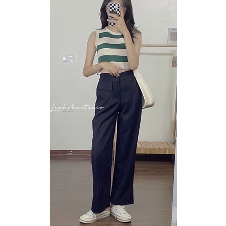 Quần suông nữ dáng dài cạp cao nắp túi chun lưng chất kaki dãn_Linhchi.studio