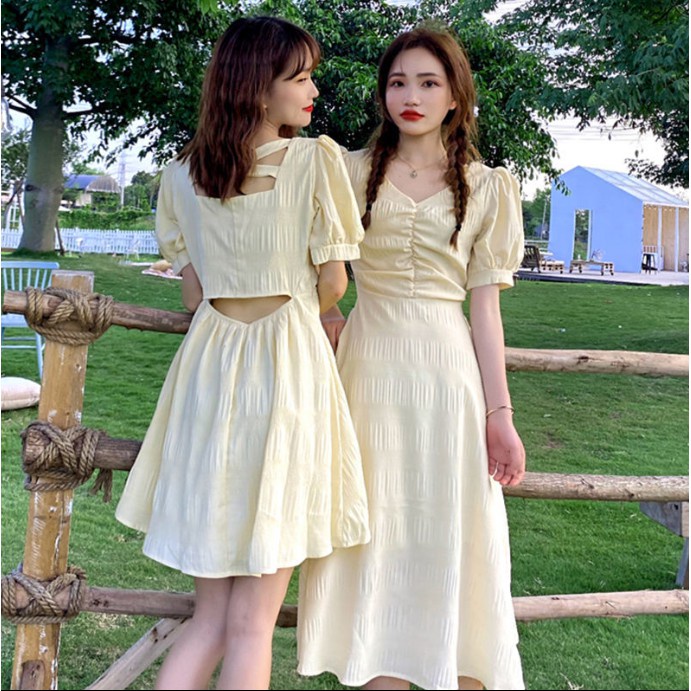 Đầm chữ A MURIOKImàu vàng nhạt tay phồng hở lưng thanh lịch phong cách Hàn Quốc cho nữ