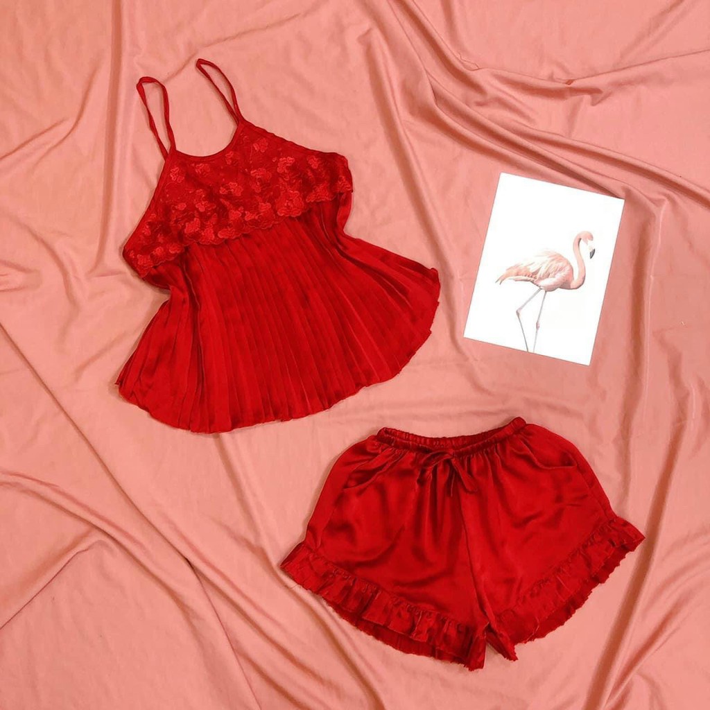 Đồ ngủ sexy / Áo yếm 2 dây dập ly phối ren, chất liệu lụa satin cao cấp, freesize dưới 65kg, kèm quần bèo gợi cảm Sexy_G | BigBuy360 - bigbuy360.vn