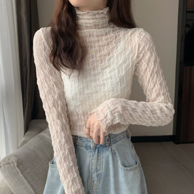 Áo tay dài thiết kế ren hoa cổ lọ hợp thời trang