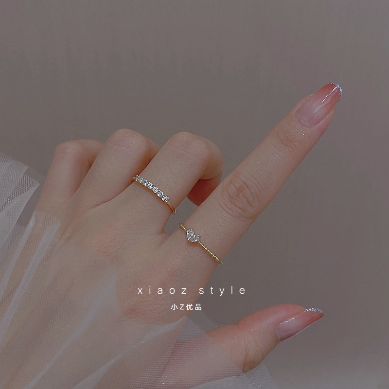 Set 2 Nhẫn Đính Đá Zircon Hình Trái Tim Có Thể Điều Chỉnh Phong Cách Hàn Quốc