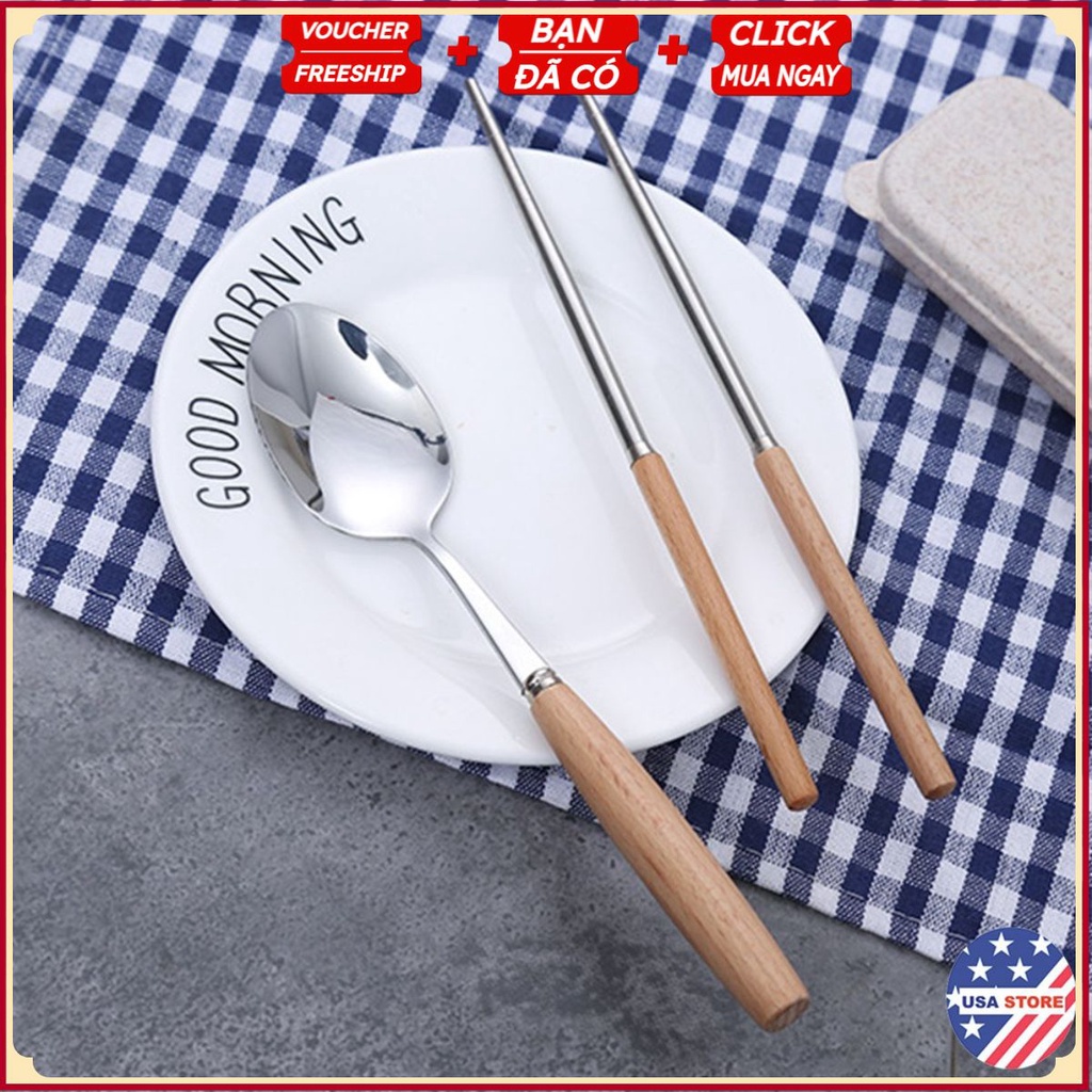 Set Đũa - Thìa Cá Nhân Ăn Cơm Trưa Văn Phòng INOX 304 Cán Gỗ T3 - Tặng Hộp Lúa Mạch Cao Cấp