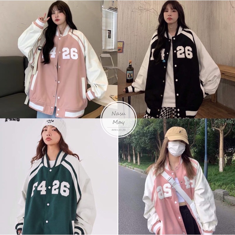 Áo Khoác Bomber Nỉ F426 Xanh Đen Hồng Form Rộng Nam Nữ