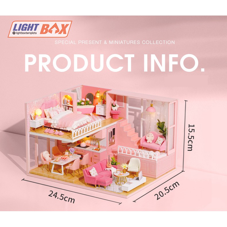 Nhà búp bê Tự làm bằng gỗ  [Nhà Mô Hình có nội thất MY LITTLE WARM MOMENT + đèn LED ]Tặng kèm khung bảo vệ + Dụng cụ keo