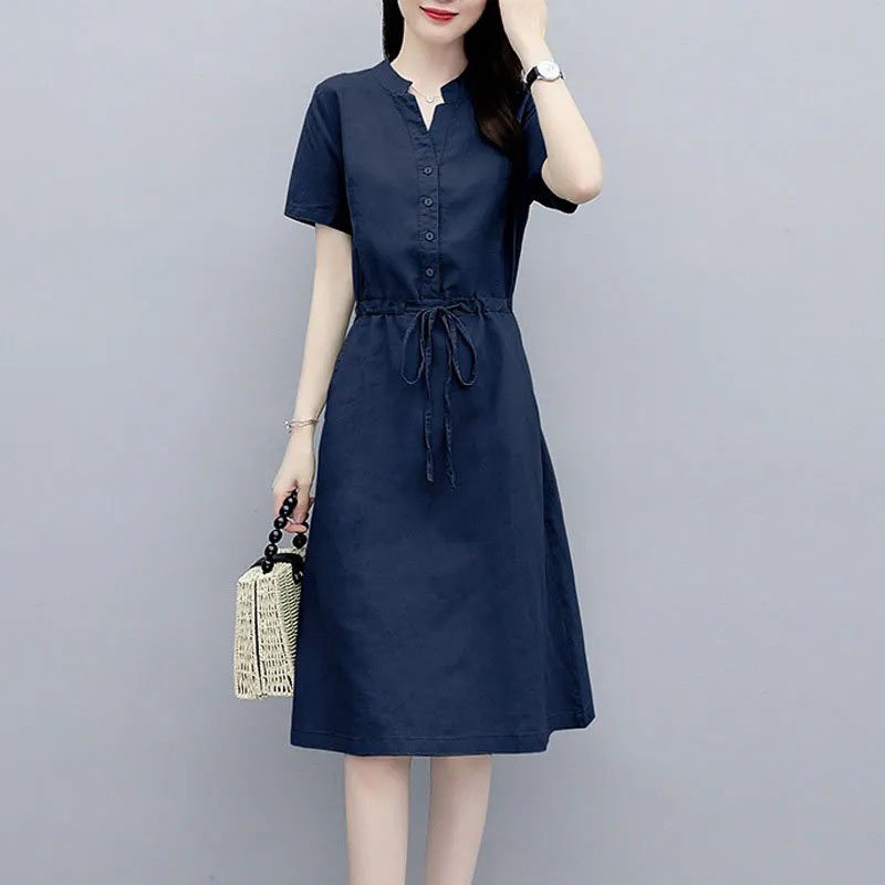 Đầm suông linen tay lỡ cổ V dáng chữ A, thời trang trẻ, phong cách Hàn