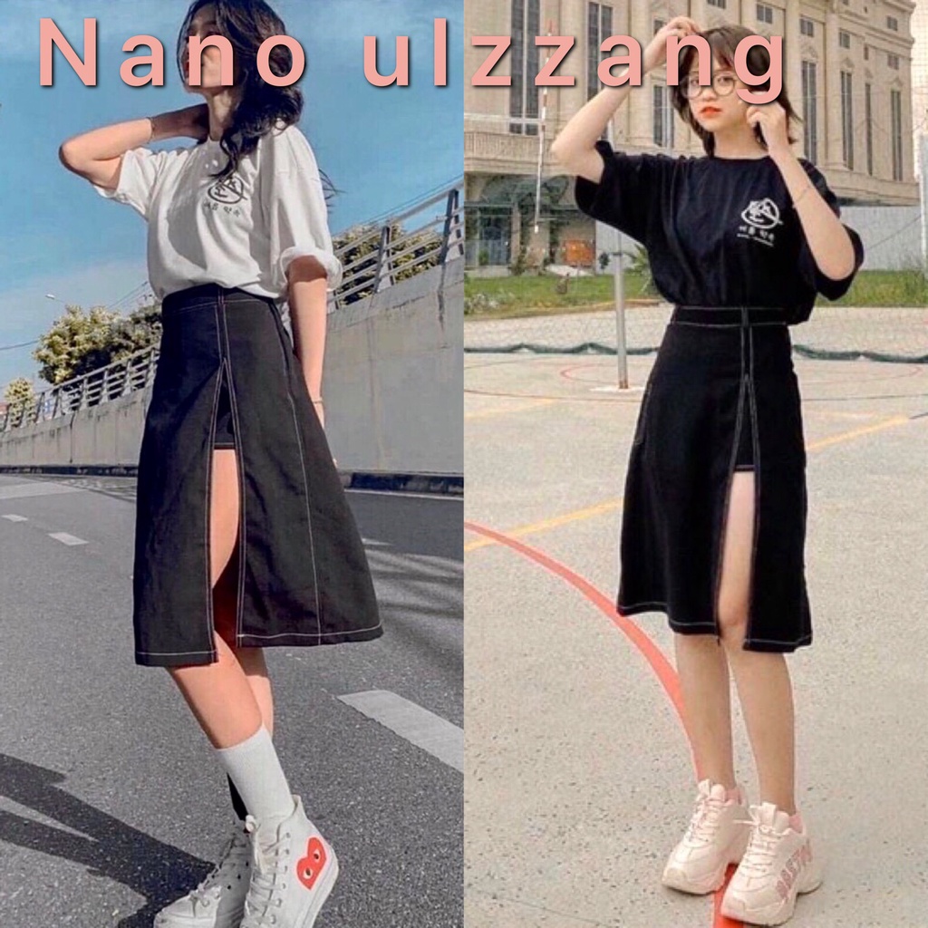 Chân váy hyon skirt dáng dài - chân váy xẻ suông lưng thun co dãn Nano Ulzzang