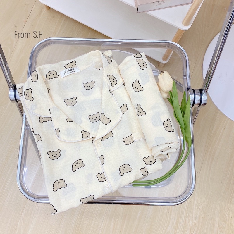 Bộ pijama thu đông mặc nhà nữ chất đũi xốp áo dài quần dài