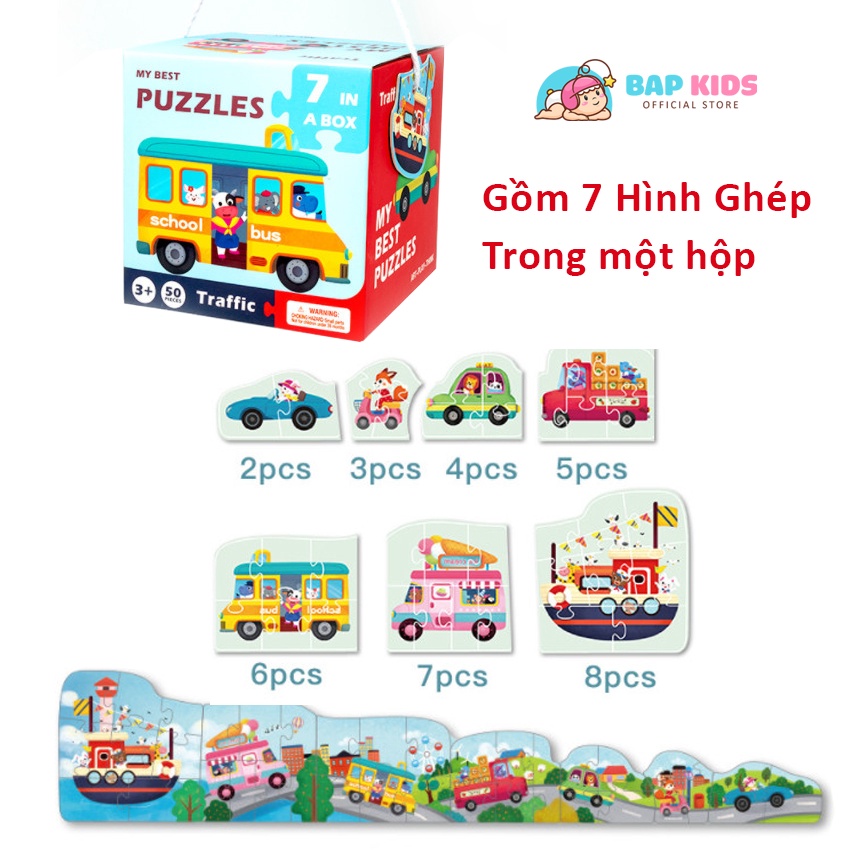 Hộp ghép hình chủ đề động vật hoang dã, phương tiện vận tải đường bộ cho bé lắp ghép nhận biết