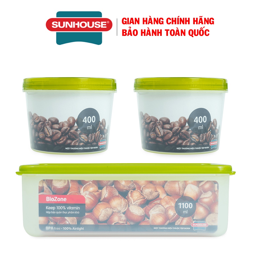 Combo 3 hộp bảo quản thực phẩm khô Sunhouse BioZone KB-DR400P, 02 hộp dung tích 400ml, 01 hộp dung tích 1100ml