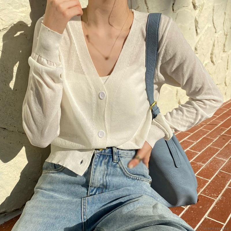 Áo Khoác Cardigan Dệt Kim Tay Dài Cổ Chữ V Phối Nút