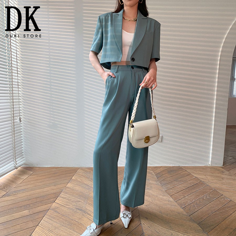 Áo khoác blazer, áo vest blazer nữ dáng lửng màu xanh đá cực xinh - DUKI STORE