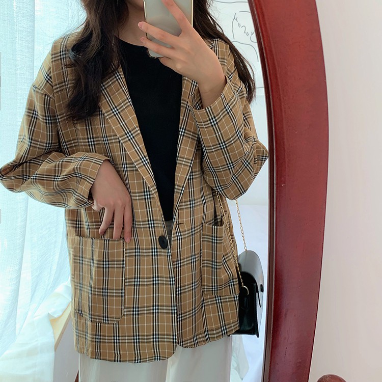 [CÓ SẴN] Áo khoác blazer nữ kẻ caro form rộng dài tay phong cách Hàn Quốc ulzzang | BigBuy360 - bigbuy360.vn