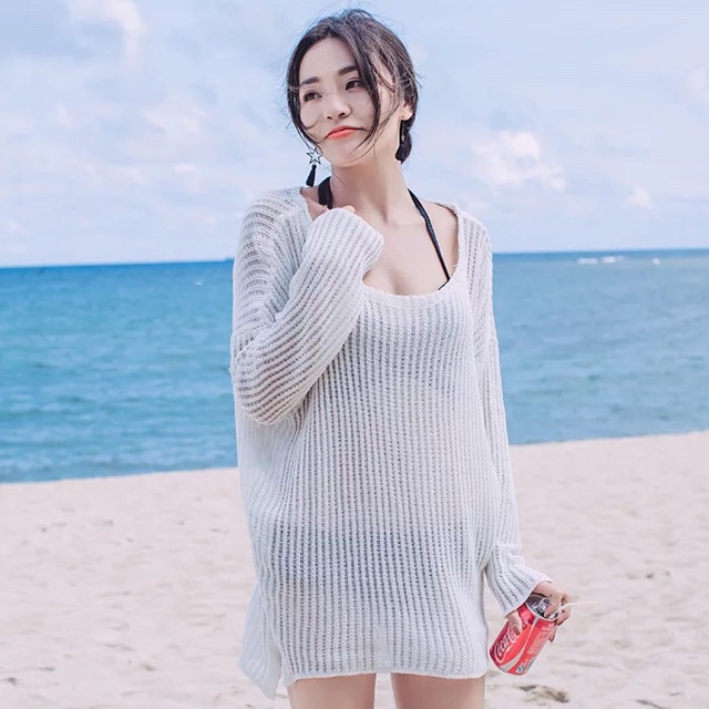 Áo khoác lưới trắng mặc bên ngoài bikini đi biển  - Kimstore_bikini