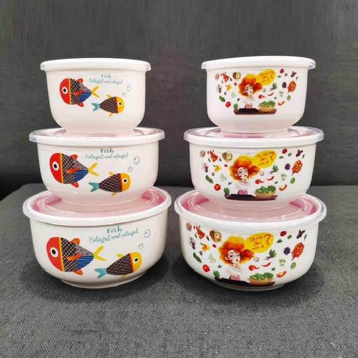 Bộ 3 tô sứ lạnh cao cấp - Set 3 bát sứ lạnh thố đựng cơm mang đi có nắp chân không