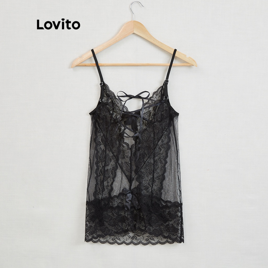Đồ lót Lovito vải xuyên thấu ren tương phản phối dây buộc sexy không có miếng đệm L17X458 (màu đen) | BigBuy360 - bigbuy360.vn