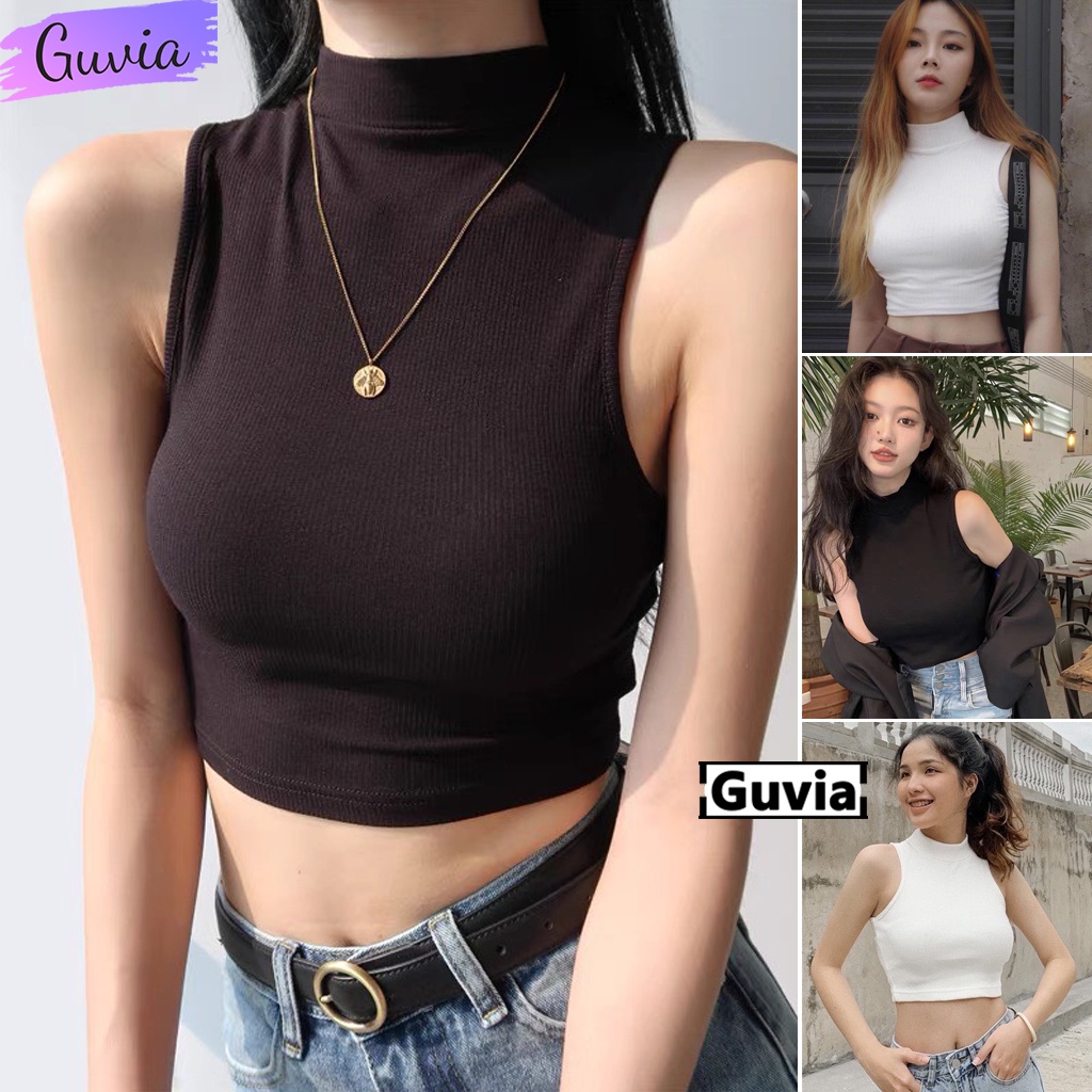 Áo Croptop Ba Lỗ Nữ Cổ Lọ Sát Nách Không Tay Ôm Body Chất Tốt GUVIA, Áo kiểu nữ cổ lọ crt Thun Gân dày