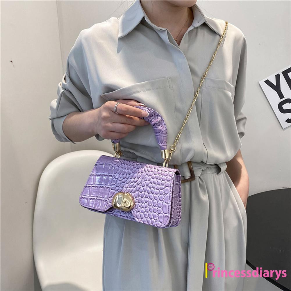 Fashion Women PU Solid Color Alligator Pattern Shoulder Bag Pleated Handbag