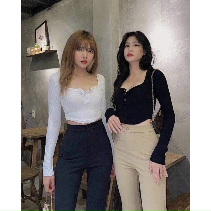 áo croptop ảnh thật tay dài vạt bầu chất bozip nút bấm na