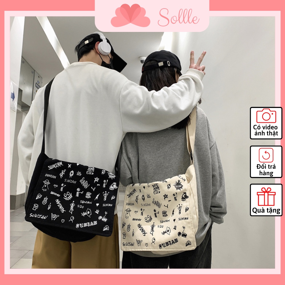 Túi tote đeo chéo nam nữ đi học vải canvas cặp đeo vai unisex ulzzang hoạt hình Sollle