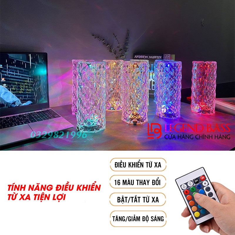 Remote+Cảm Ứng - Đèn ngủ Pha Lê Để Bàn 3D Cảm Ứng Ánh Sáng 16 Màu Lấp Lánh, Đèn Led Trang Trí Phòng Ngủ Kim Cương