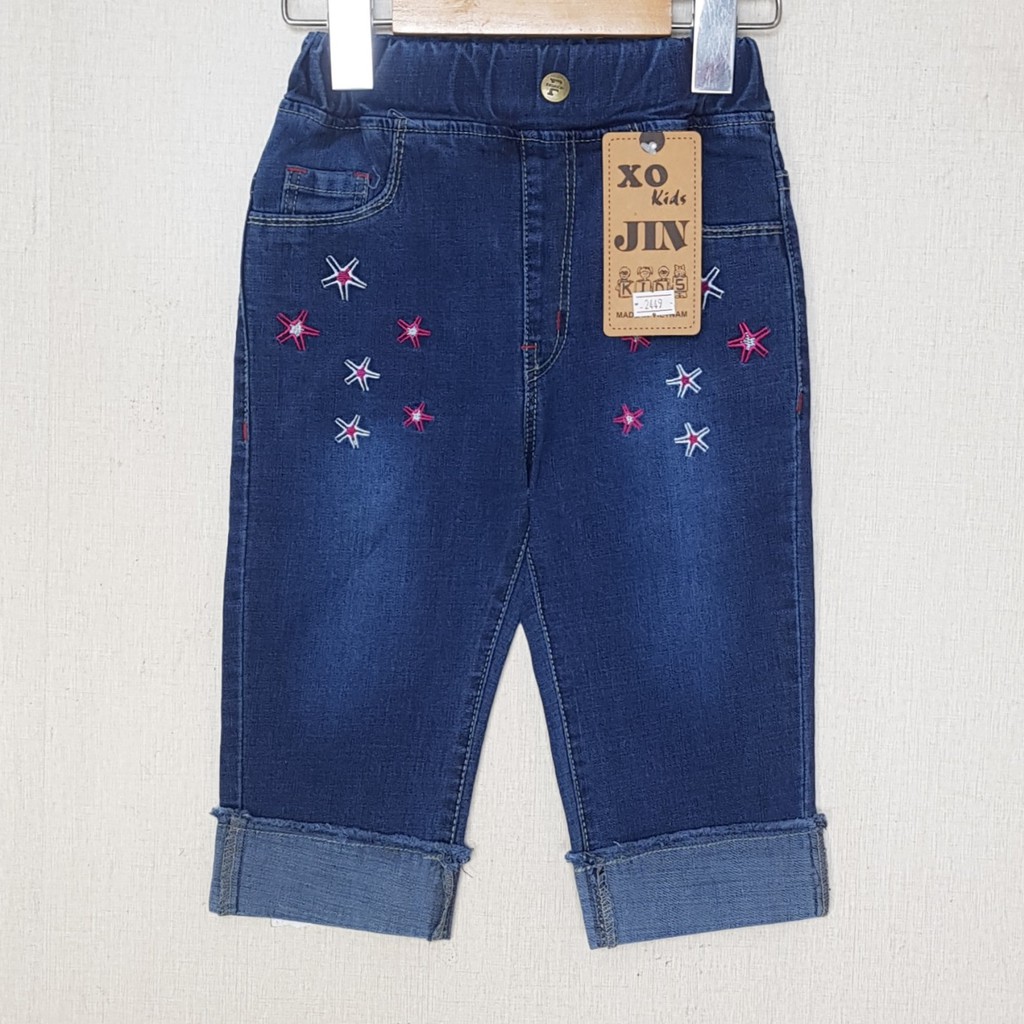 BJ0018 -A1 quần jean nữ lửng co giãn thêu sao biển màu xanh, hiệu XOKids, size 7-12 cho bé từ 15-30kg