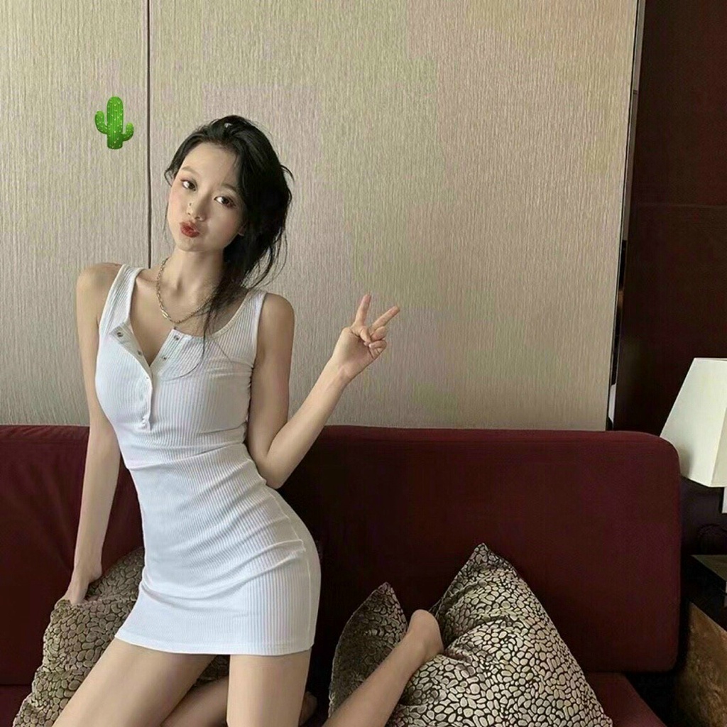 Đầm nữ gân bo dy 2 dây cài nút 2 màu cực đẹp cho cô nàng năng động oa
